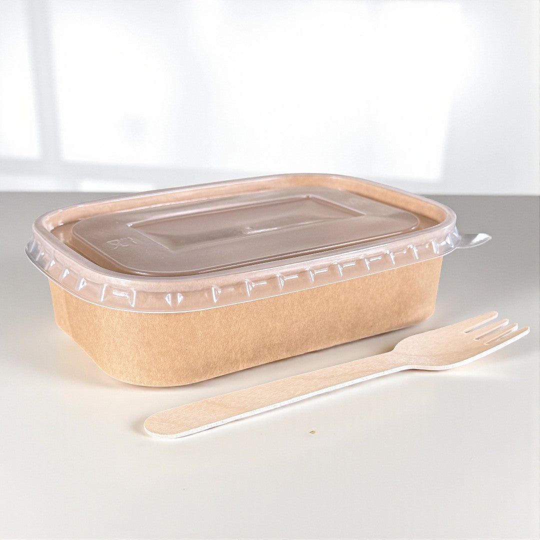 Kraft 500ml Rectangular Bowl With Clear PP Lid Side - Propus Packaging