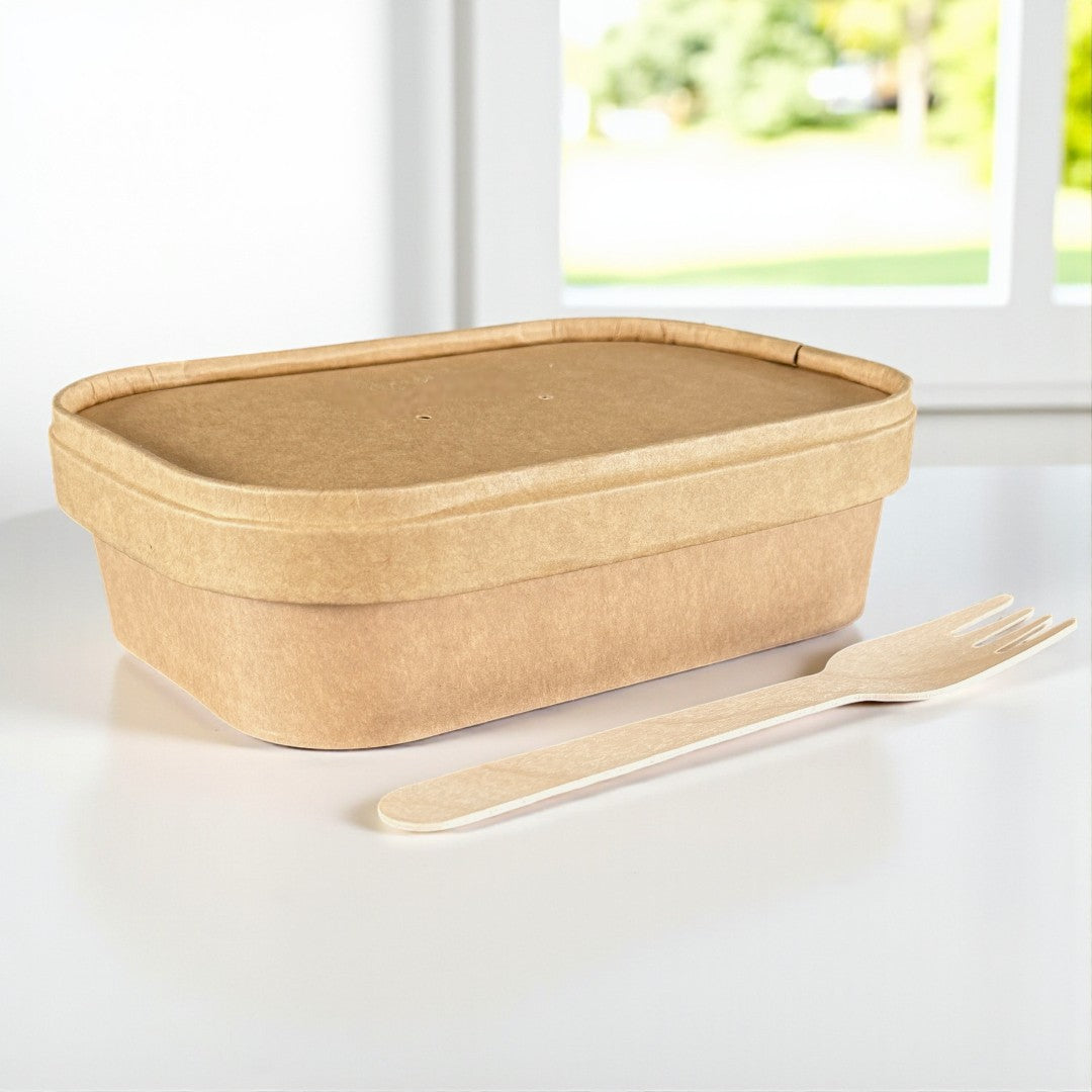Kraft 500ml Rectangular Bowl With Kraft Lid Side - Propus Packaging