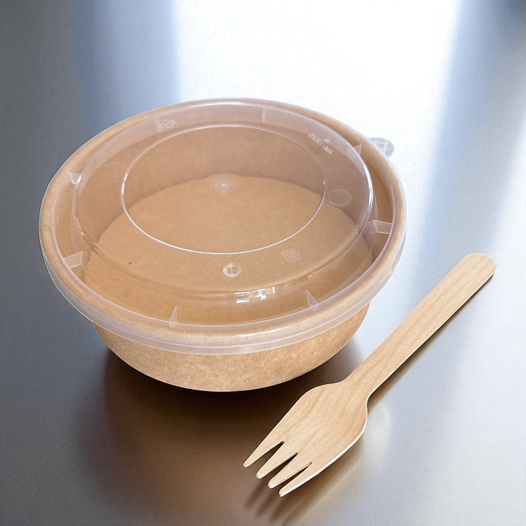 Kraft 500ml Round Bowl With Clear PP Lid Overhead - Propus Packaging