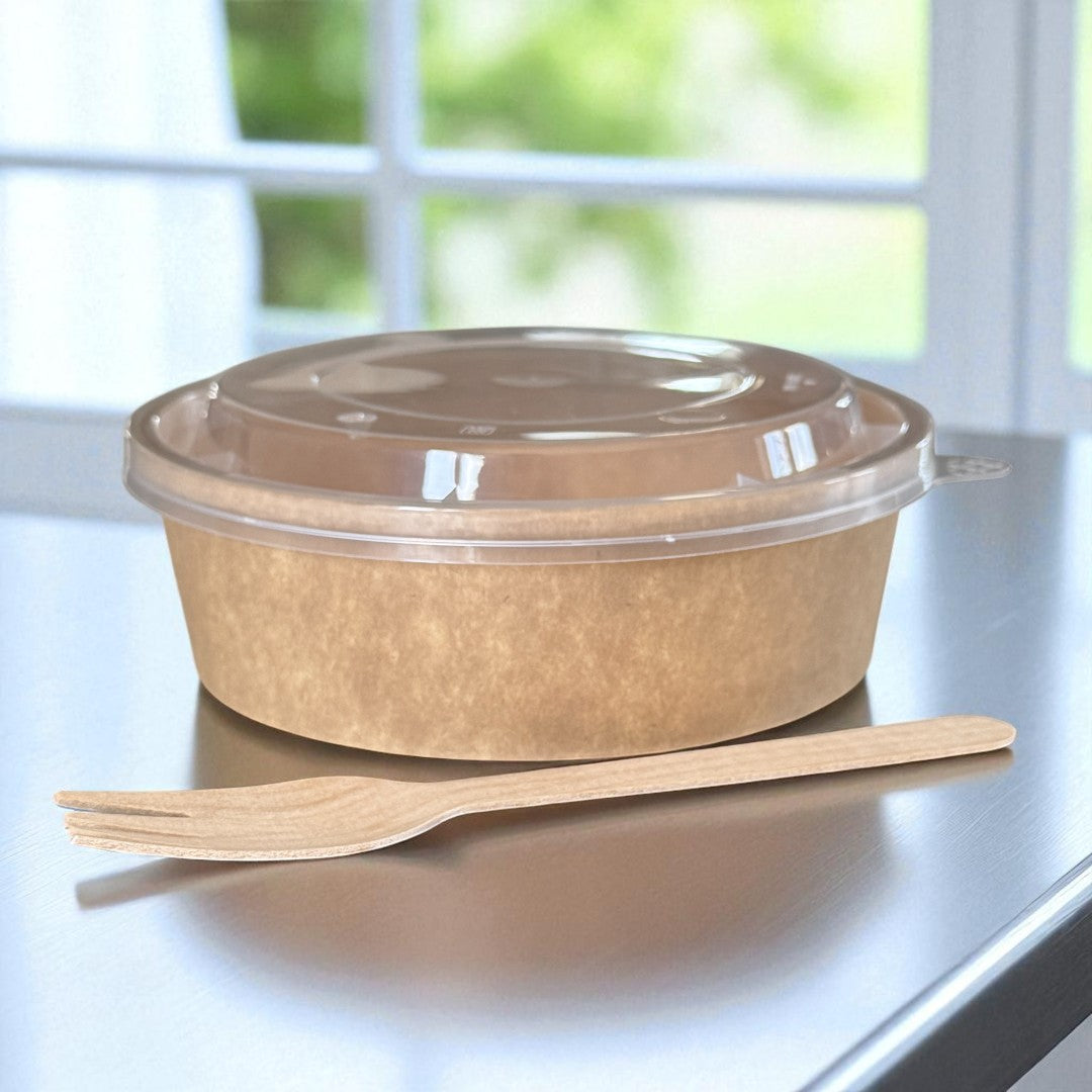 Kraft 500ml Round Bowl With Clear PP Lid Side - Propus Packaging