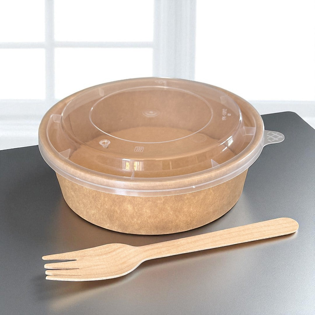 Kraft 500ml Round Bowl With Clear PP Lid - Propus Packaging