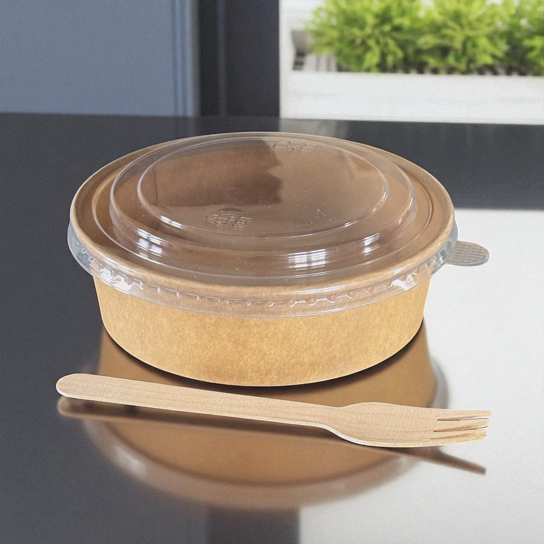 Kraft 500ml Round Bowl With Clear RPET Lid - Propus Packaging
