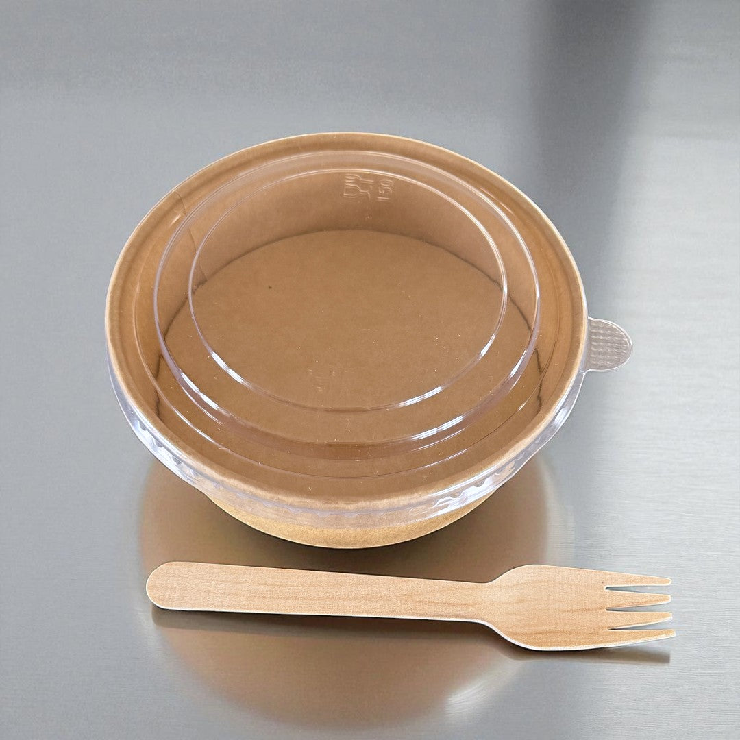 Kraft 500ml Round Bowl With Clear RPET Lid Overhead - Propus Packaging