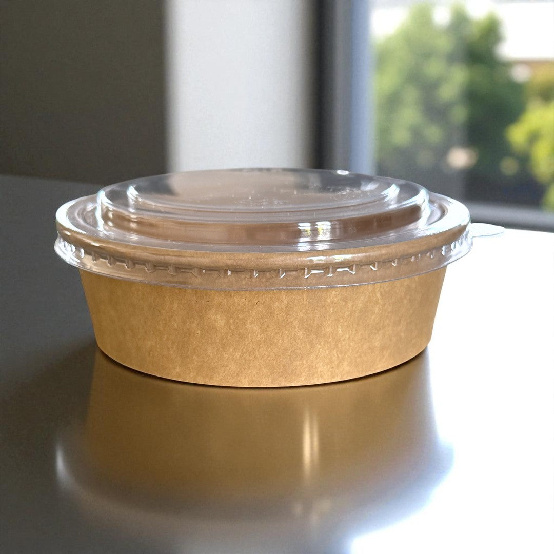 Kraft 500ml Round Bowl With Clear RPET Lid Side - Propus Packaging