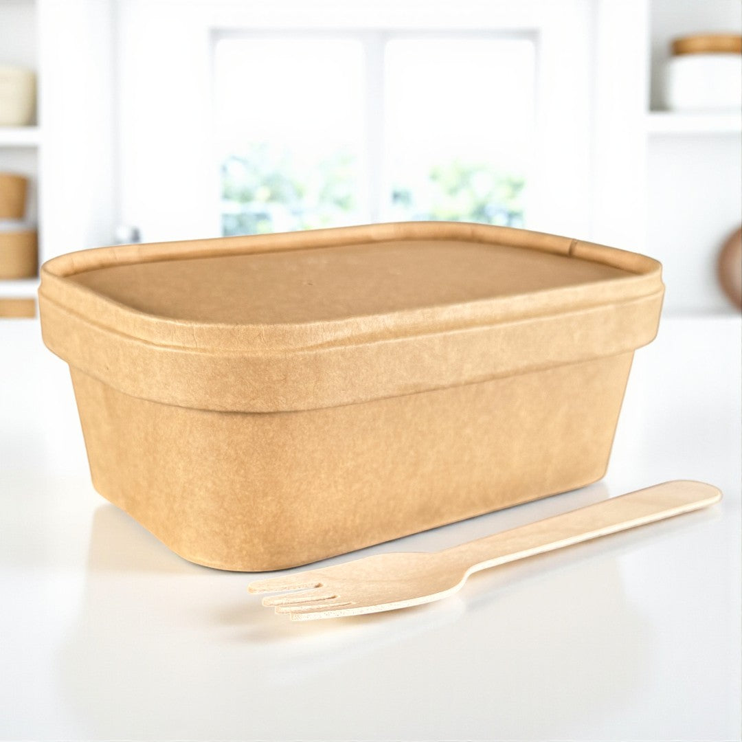 Kraft 750ml Rectangular Bowl With Kraft Lid Side - Propus Packaging