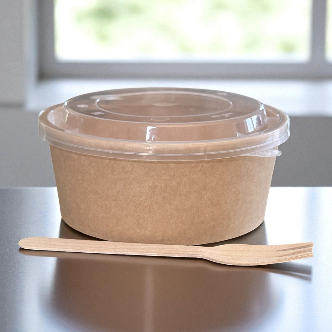 Kraft 750ml Round Bowl With Clear PP Lid Side - Propus Packaging
