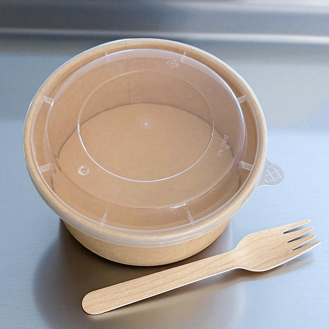 Kraft 750ml Round Bowl With Clear PP Lid Overhead - Propus Packaging