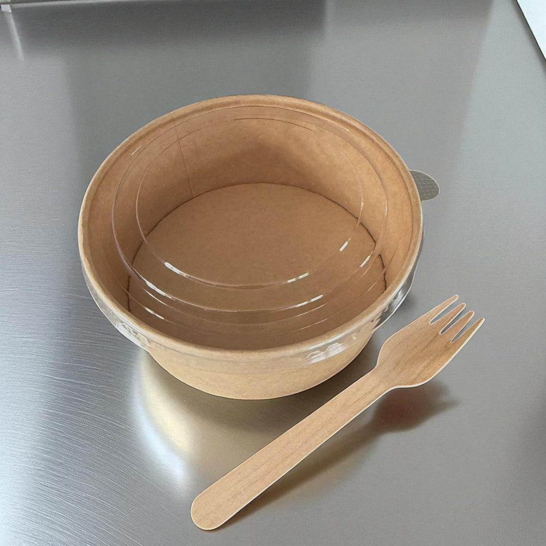 Kraft 750ml Round Bowl With Clear RPET Lid Overhead - Propus Packaging