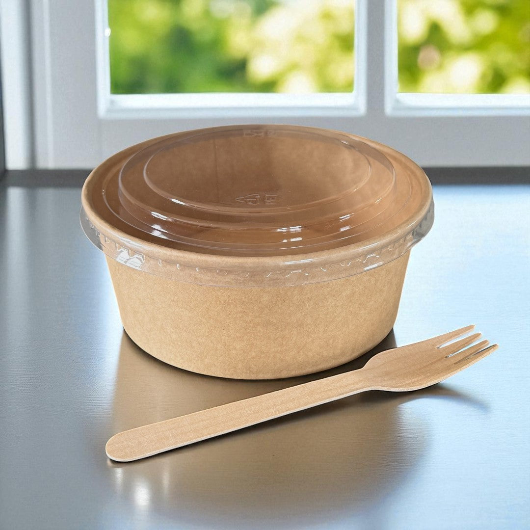 Kraft 750ml Round Bowl With Clear RPET Lid - Propus Packaging