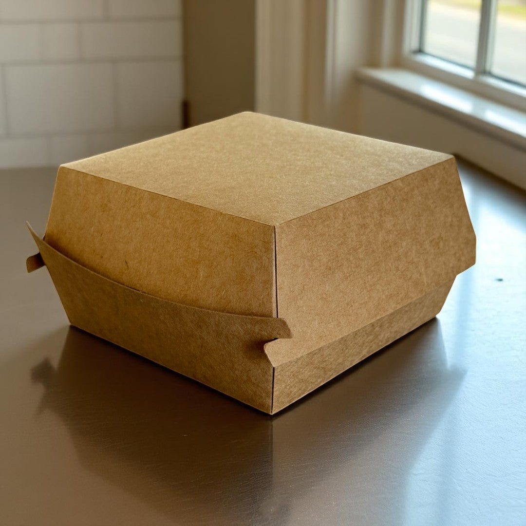 Kraft Clamshell Burger Box Pack 105x105x70mm Closed - Propus Packaging