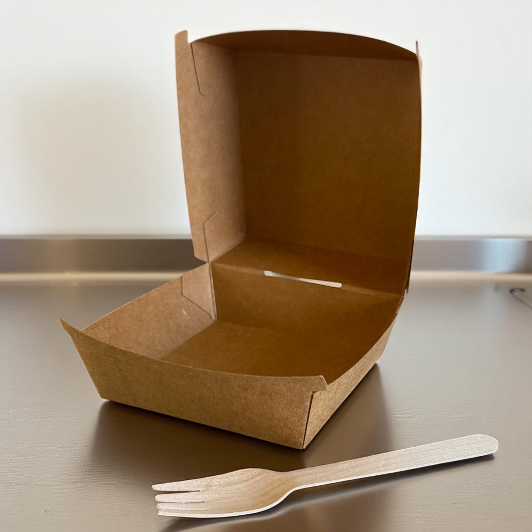 Kraft Clamshell Burger Box Pack 105x105x70mm Open - Propus Packaging