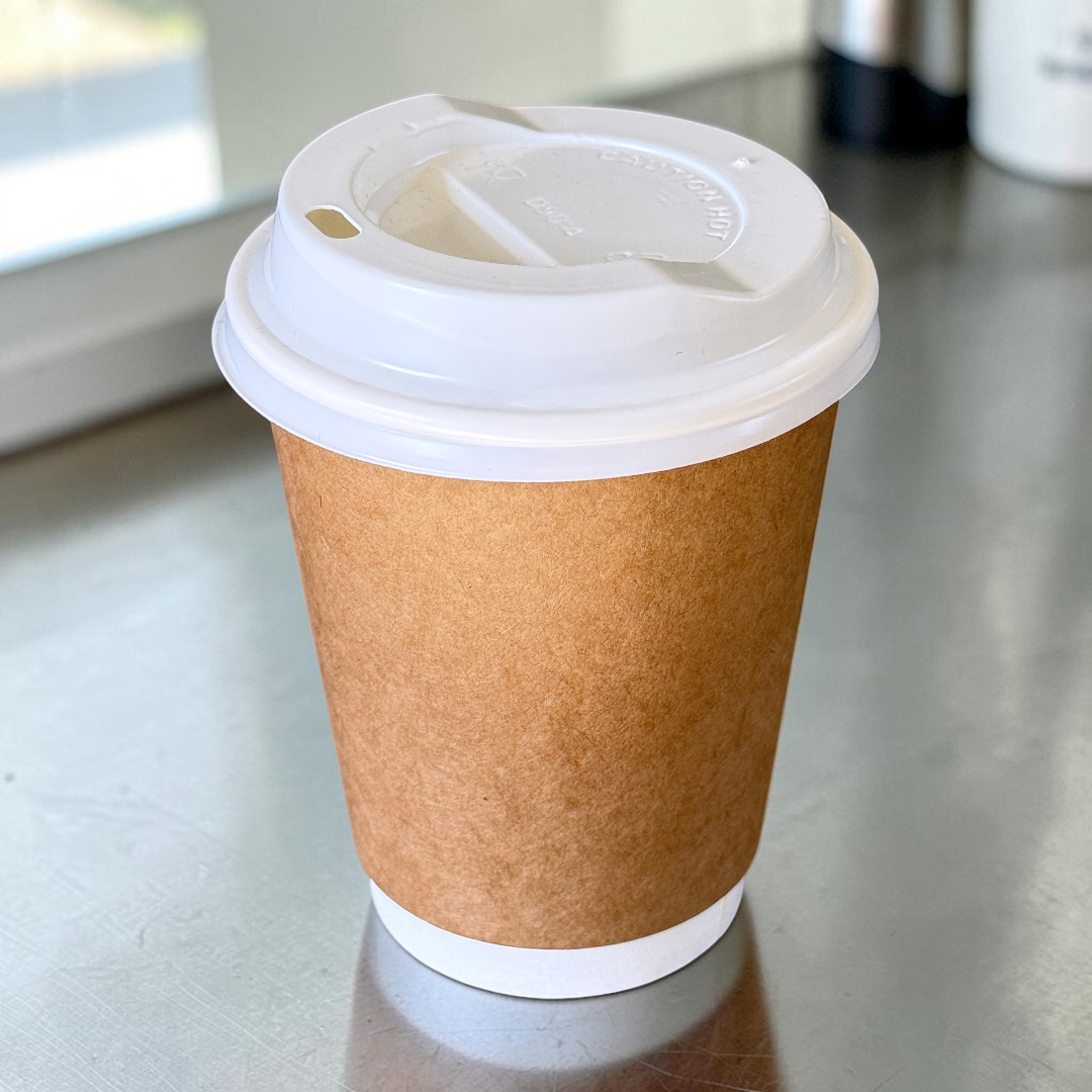 Kraft Double Wall 12oz Paper Cup With White Sip Lids Side - Propus Packaging