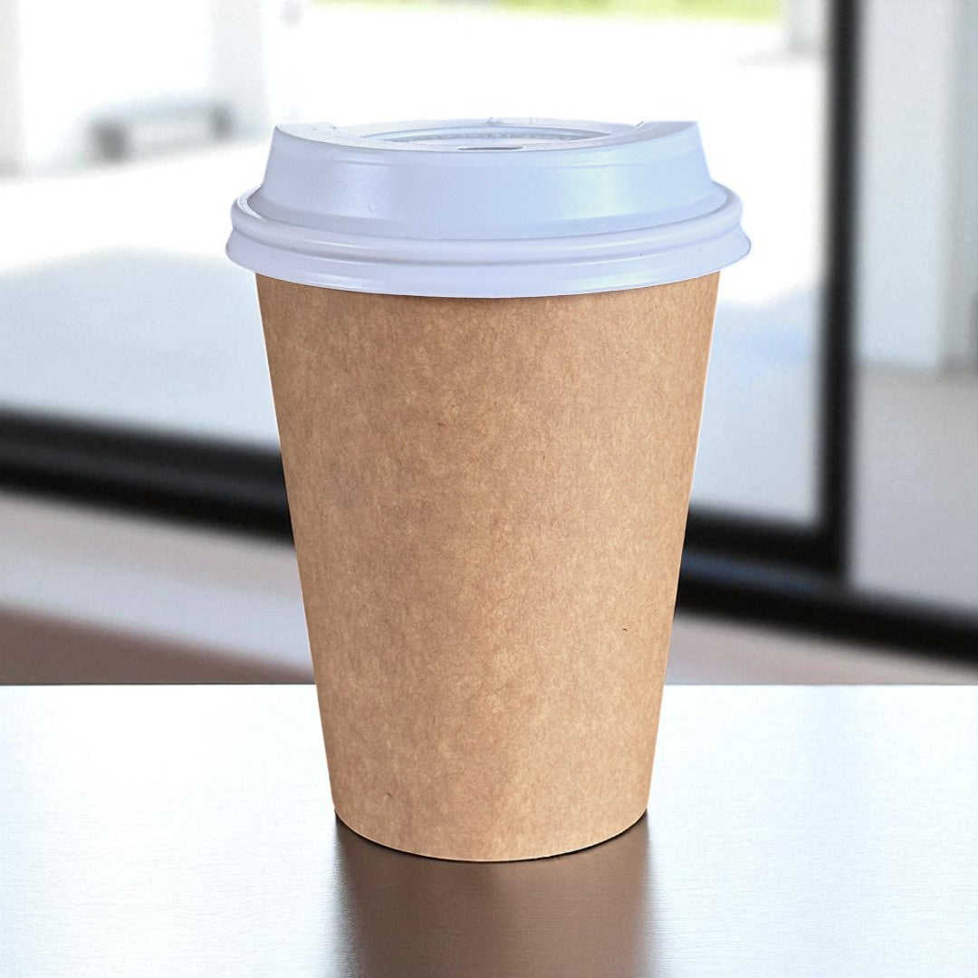Kraft Single Wall 12oz Paper Cup With White Sip Lids Side - Propus Packaging