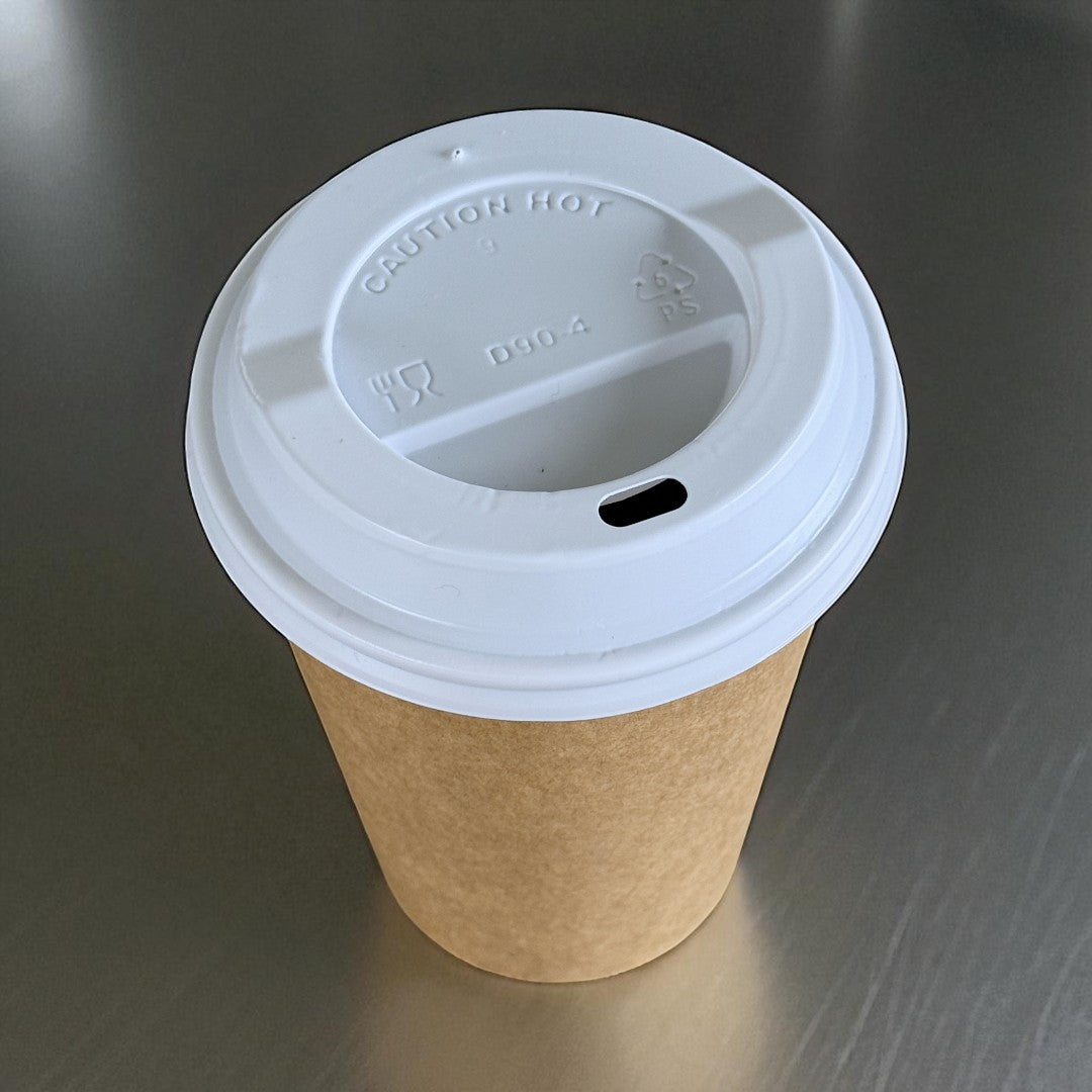 Kraft Single Wall 12oz Paper Cup With White Sip Lids Overhead - Propus Packaging