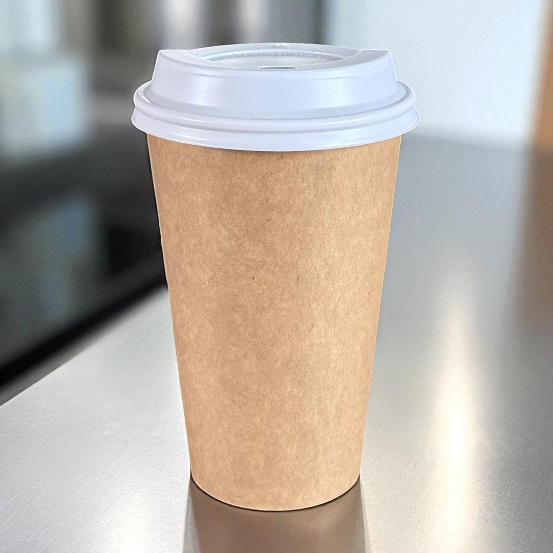 Kraft Single Wall 16oz Paper Cup With White Sip Lids Side - Propus Packaging