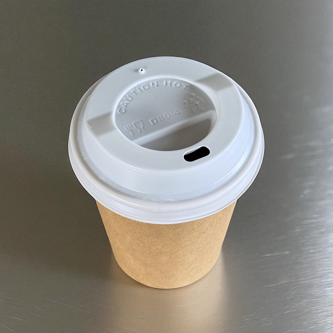 Kraft Single Wall 8oz Paper Cup With White Sip Lids Overhead - Propus Packaging