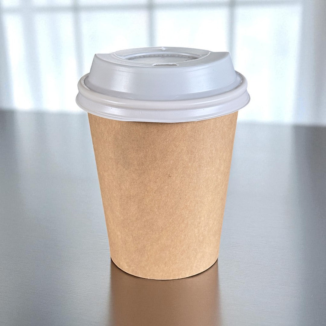 Kraft Single Wall 8oz Paper Cup With White Sip Lids Side - Propus Packaging