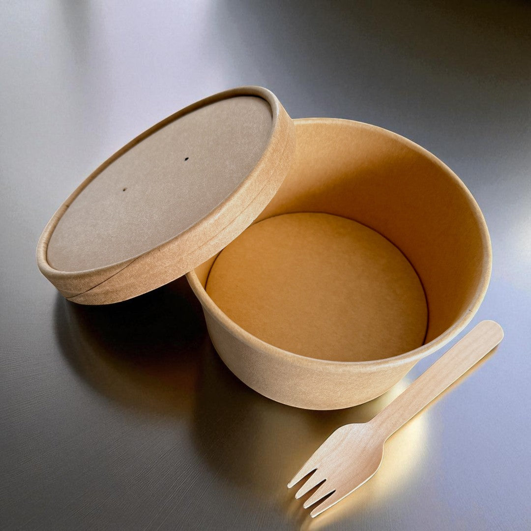 Kraft 1000ml Round Bowl With Kraft Lid Overhead - Propus Packaging
