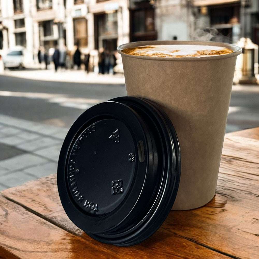 Kraft 12oz Single Wall Paper Cup With Black Sip Lids Lifestyle - Propus Packaging