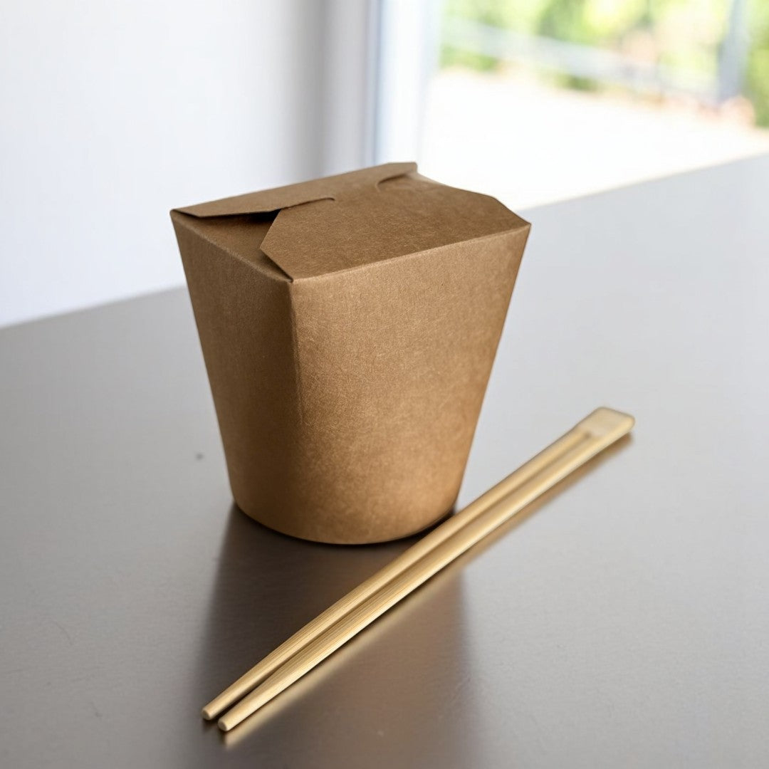 Kraft 16oz Round Noodle Box Lifestyle With Chop Sticks - Propus Packaging