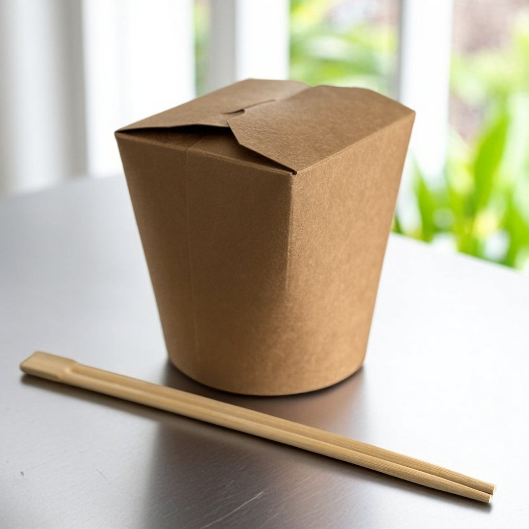 Kraft 32oz Round Noodle Box Lifestyle With Chop Sticks - Propus Packaging