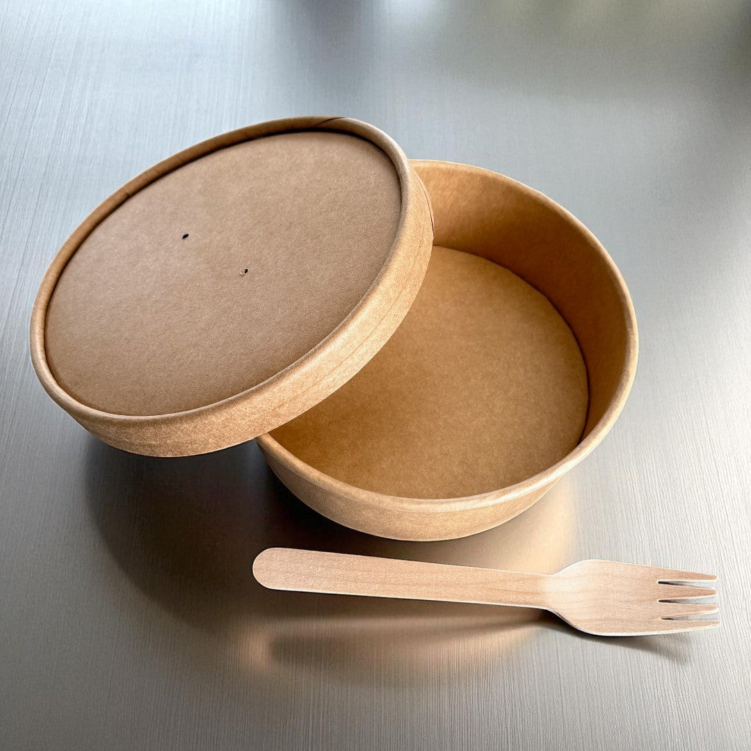 Kraft 500ml Round Bowl With Kraft Lid Overhead - Propus Packaging