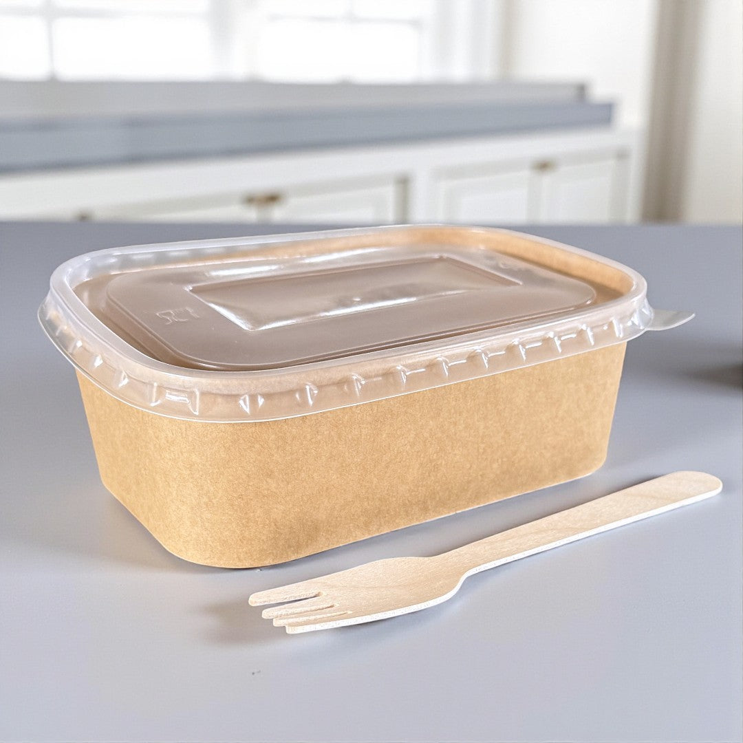 Kraft 750ml Rectangular Bowl With Clear PP Lid Side - Propus Packaging