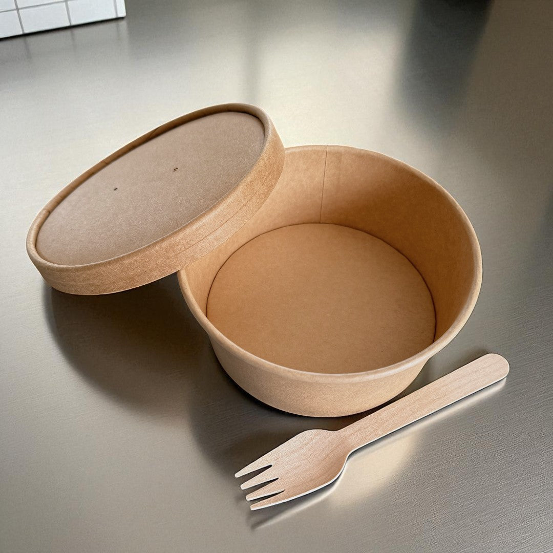 Kraft 750ml Round Bowl With Kraft Lid Overhead - Propus Packaging