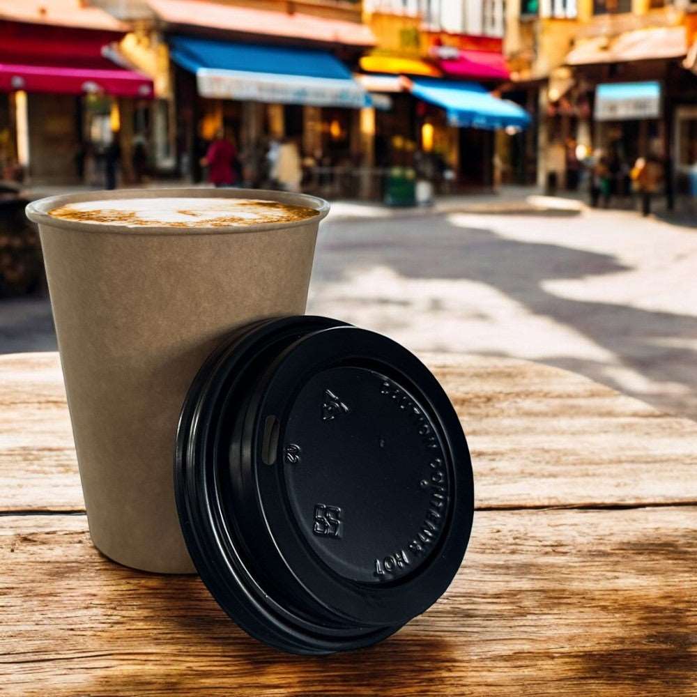 Kraft 8oz Single Wall Paper Cup With Black PS Lid - Lifestyle