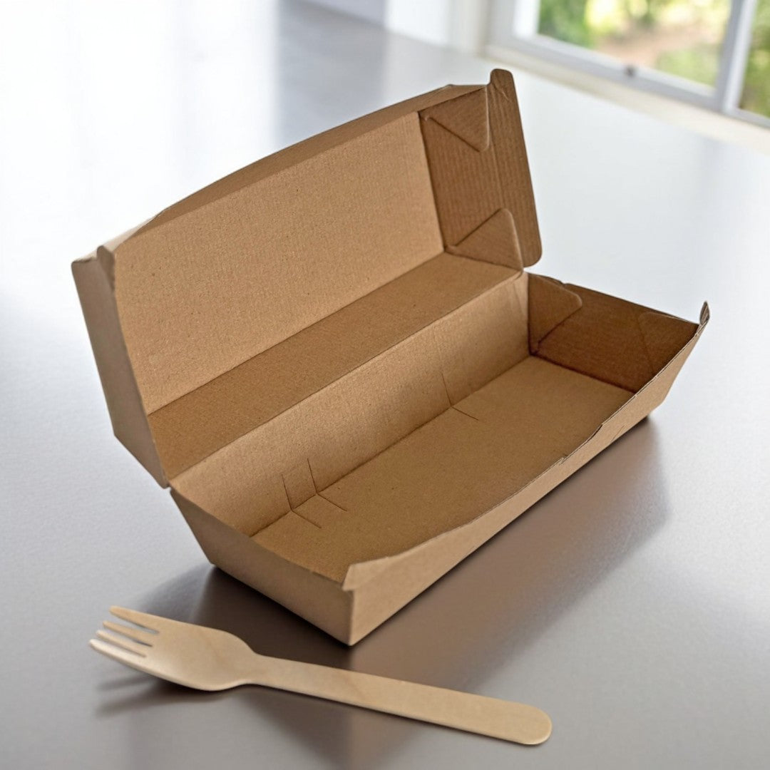 Kraft Clamshell Meal Box 208x70x78mm Lifestyle With Fork - Propus Packaging