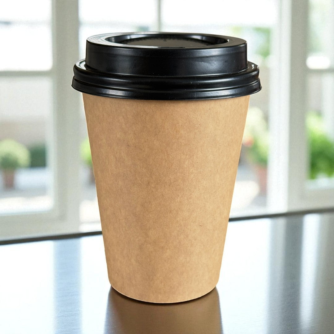 Kraft Single Wall 12oz Paper Cup With Black Sip Lid Side - Propus Packaging