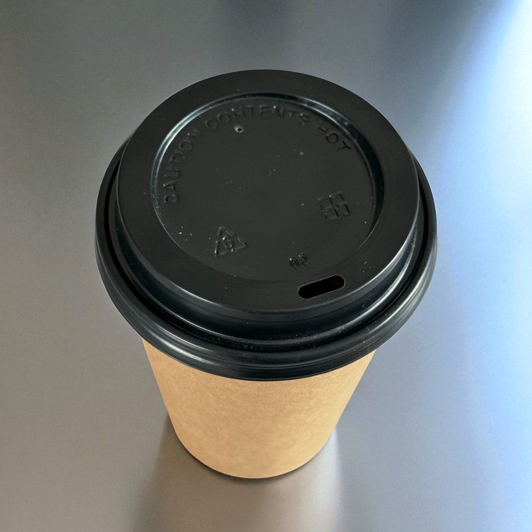 Kraft Single Wall 12oz Paper Cup With Black Sip Lid Overhead - Propus Packaging