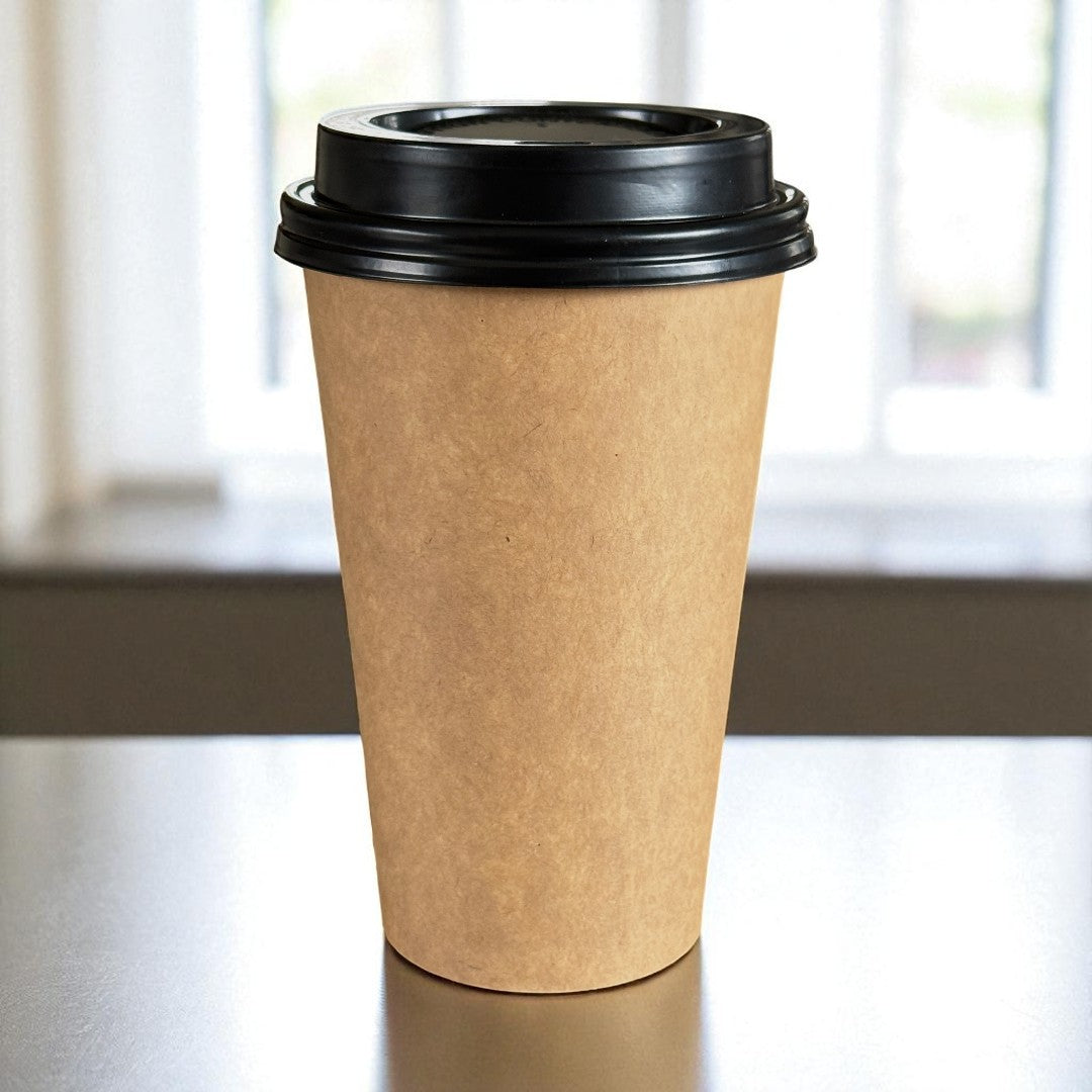 Kraft Single Wall 16oz Paper Cup With Black Sip Lid Side - Propus Packaging