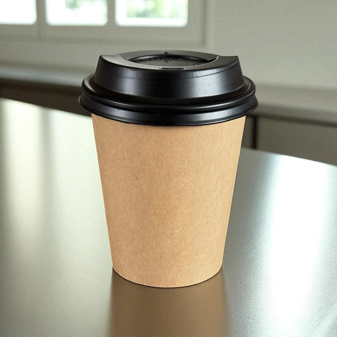 Kraft Single Wall 8oz Paper Cup With Black Sip Lid Side - Propus Packaging