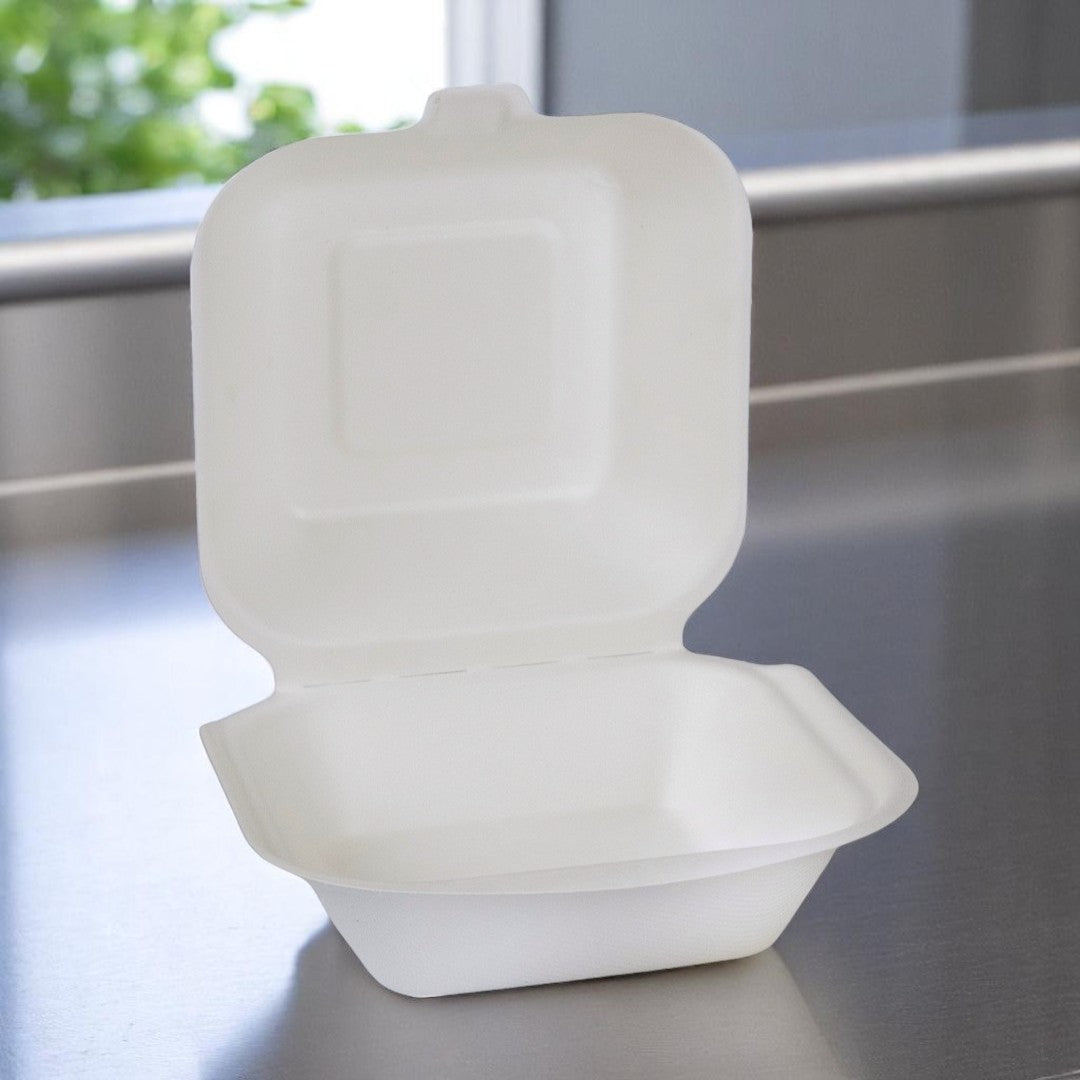 Natural Leaf Bagasse Burger Box 132x132x65mm Open - Propus Packaging