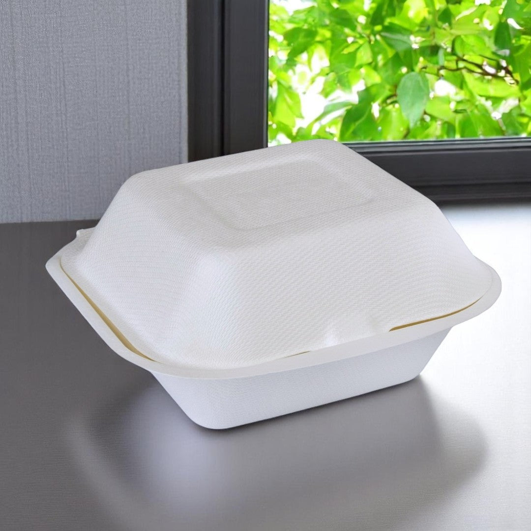 Natural Leaf Bagasse Burger Box 132x132x65mm Closed - Propus Packaging