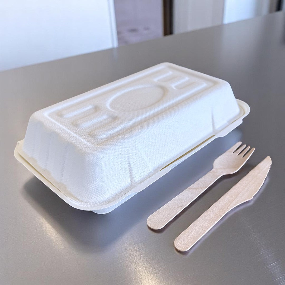 Natural Leaf Bagasse Medium Fish & Chip Box 250x155x60mm Closed - Propus Packaging