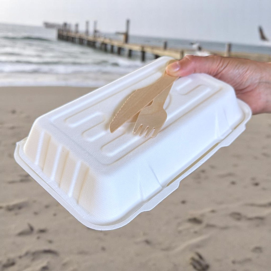 Natural Leaf Bagasse Medium Fish & Chip Box 250x155x60mm Lifestyle - Propus Packaging