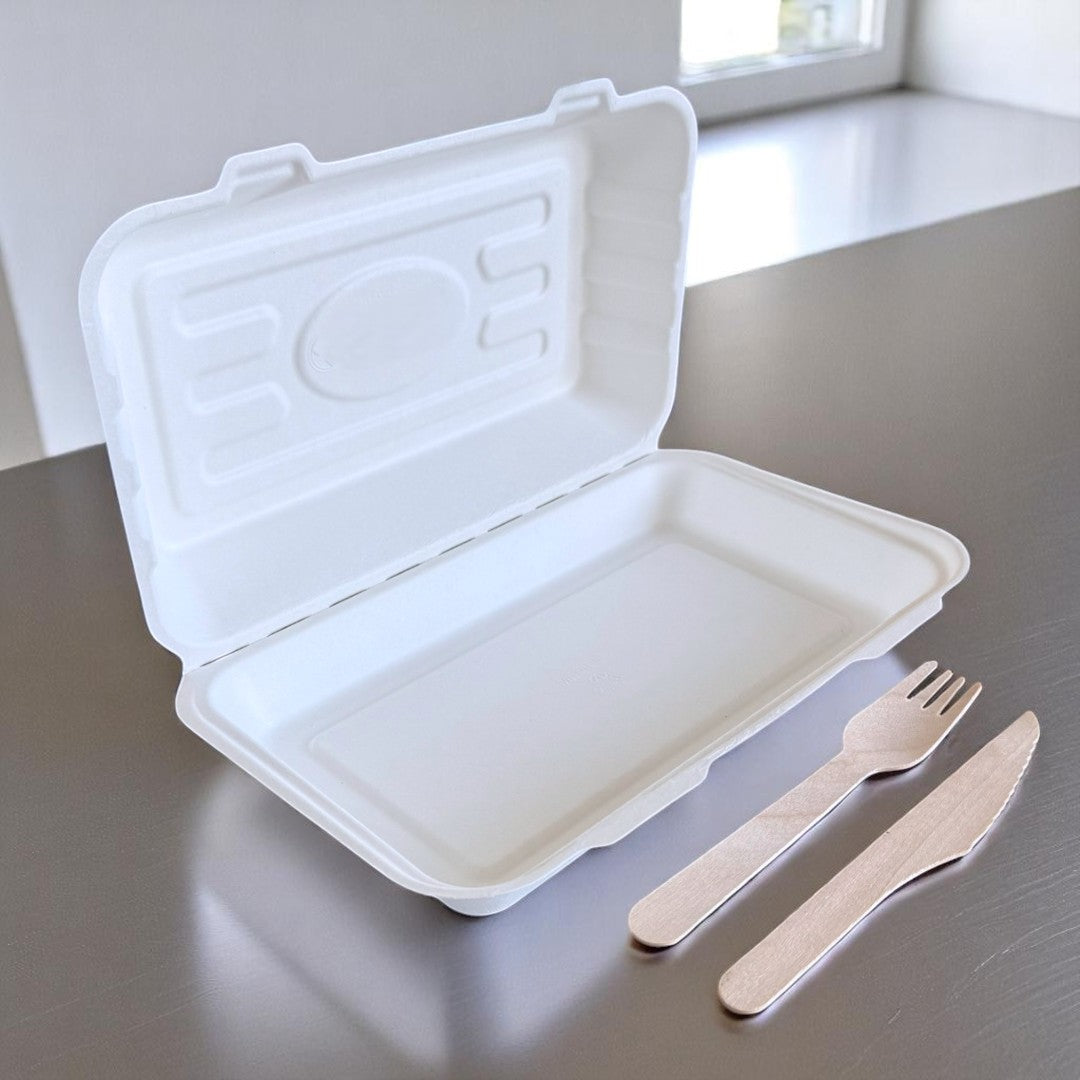 Natural Leaf Bagasse Medium Fish & Chip Box 250x155x60mm Open - Propus Packaging