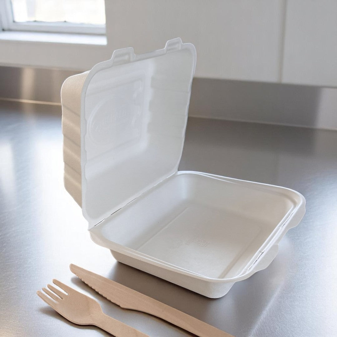 Natural Leaf Bagasse Small Fish & Chip Box 190x150x70mm Open - Propus Packaging