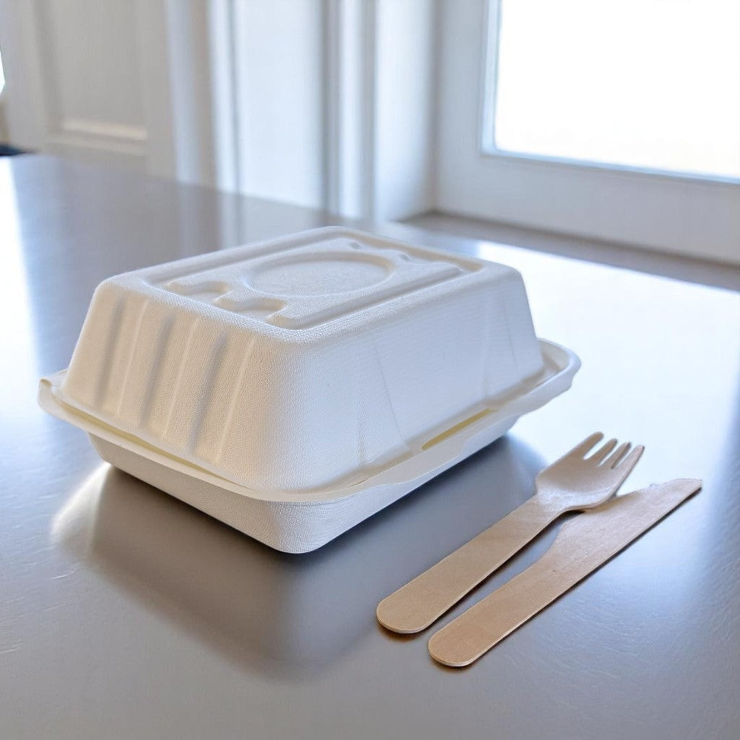 Natural Leaf Bagasse Small Fish & Chip Box 190x150x70mm Closed - Propus Packaging