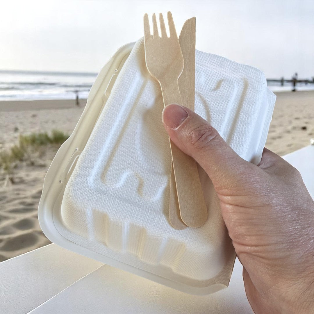 Natural Leaf Bagasse Small Fish & Chip Box 190x150x70mm Lifestyle - Propus Packaging