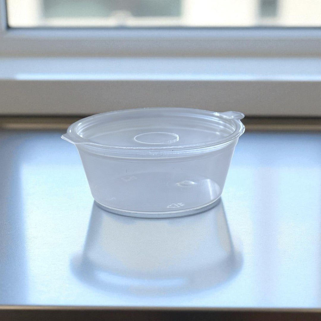 PP 2oz Sauce & Portion Pot With Hinged Lid Closed - Propus Packaging