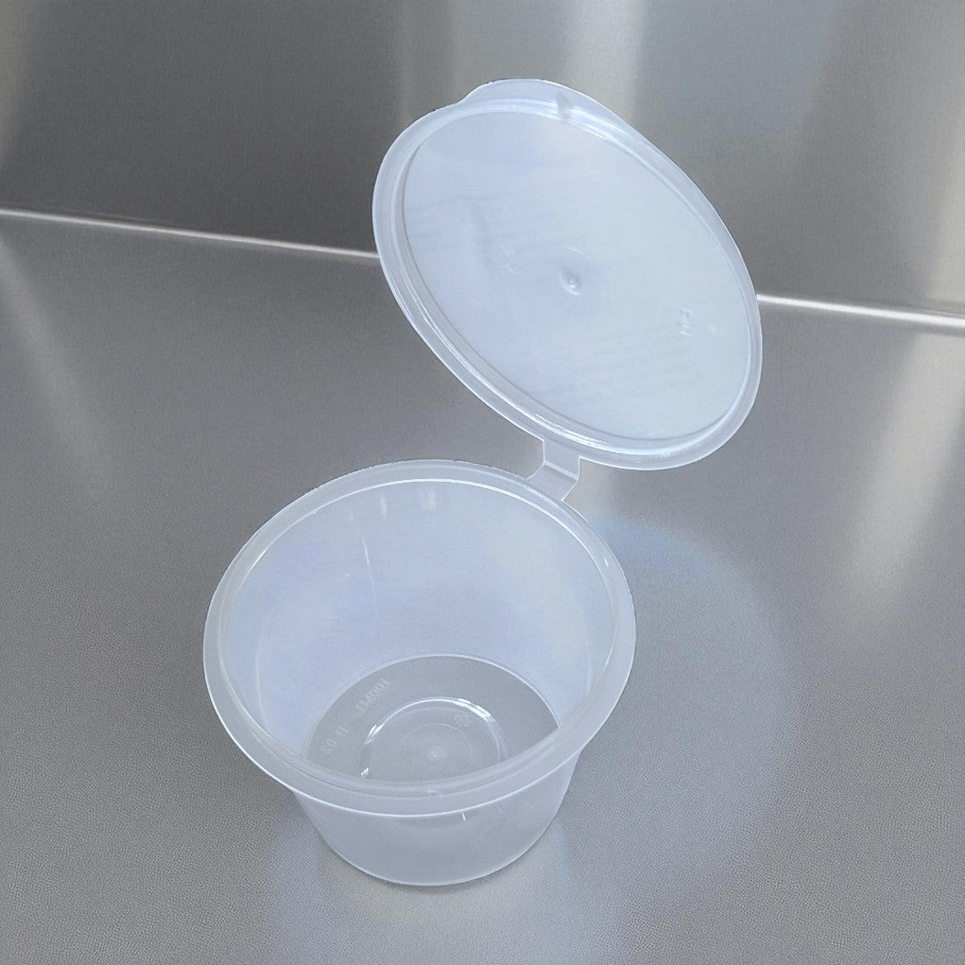 PP 4oz Sauce & Portion Pot With Hinged Lid Overhead - Propus Packaging