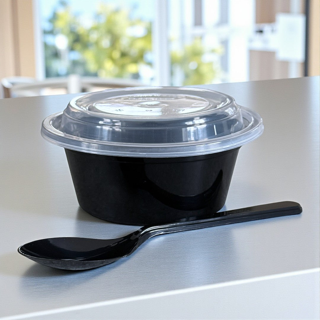 PP Black 12oz Round Bowl With Clear Lid 340ml Side - Propus Packaging