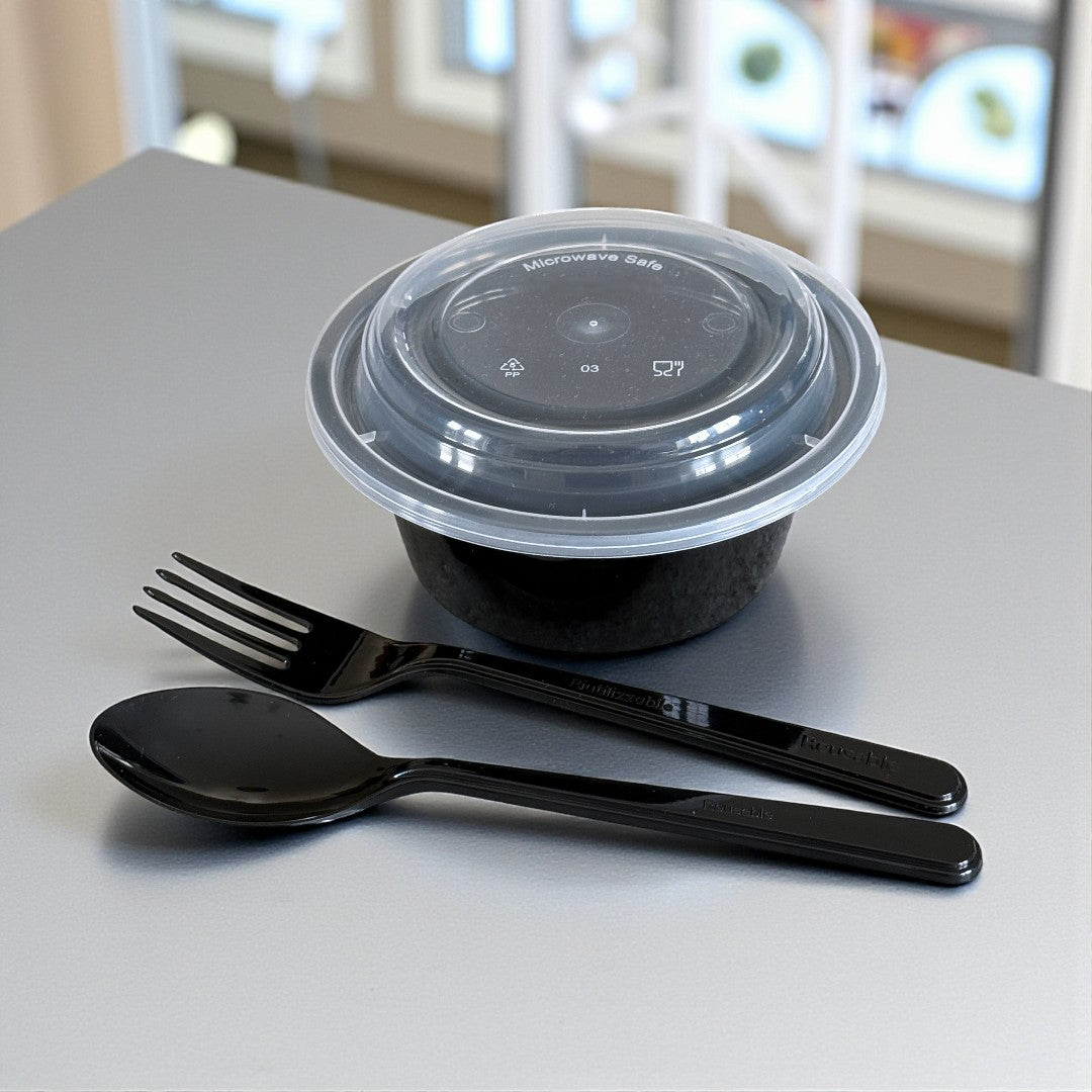 PP Black 12oz Round Bowl With Clear Lid 340ml- Propus Packaging