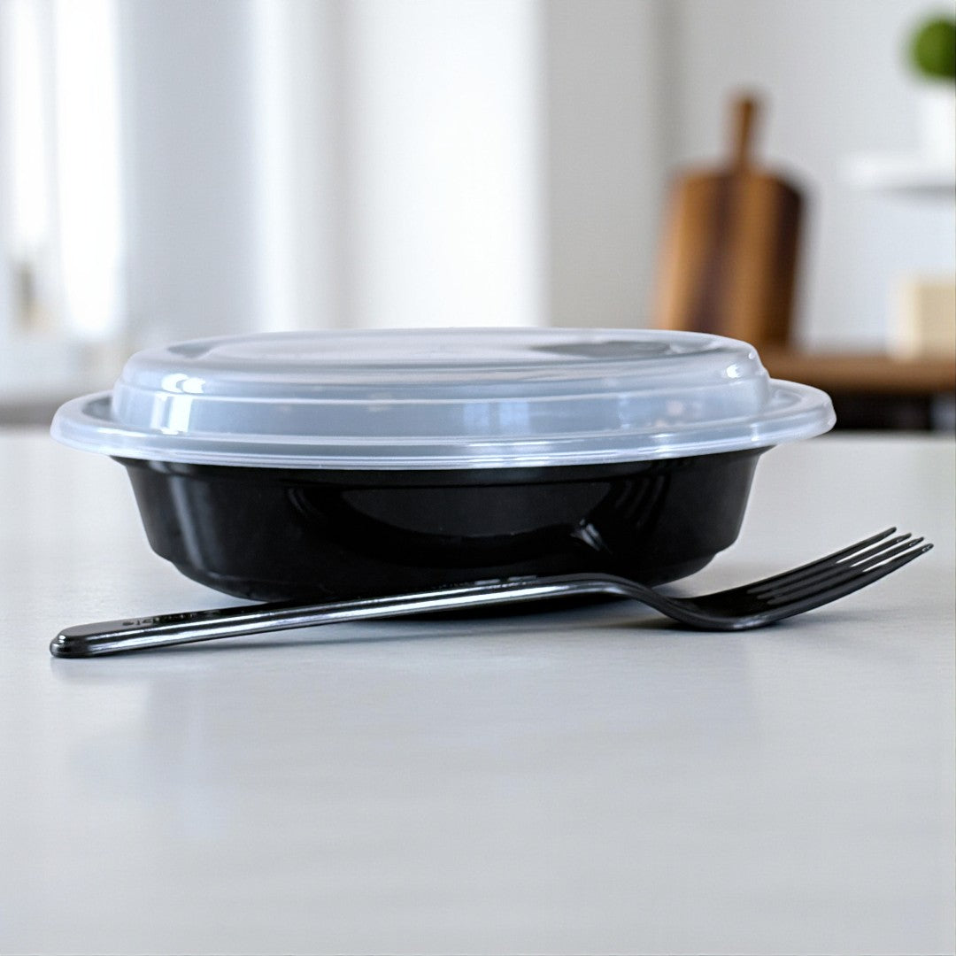 PP Black 24oz Round Bowl With Clear Lid 681ml Side - Propus Packaging
