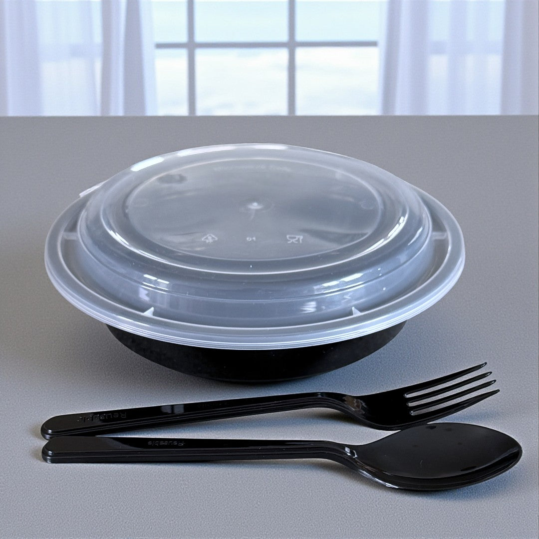 PP Black 24oz Round Bowl With Clear Lid 681ml - Propus Packaging