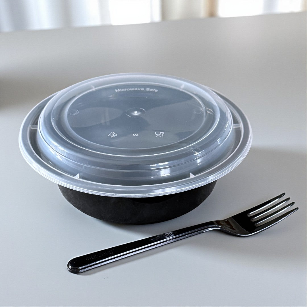 PP Black 32oz Round Bowl With Clear Lid 909ml - Propus Packaging