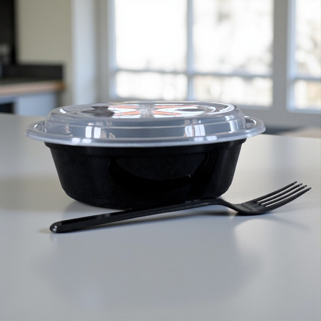 PP Black 32oz Round Bowl With Clear Lid 909ml Side - Propus Packaging
